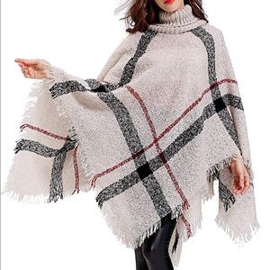 Cream Plaid Sweater Poncho